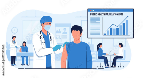 Doctor administering vaccine injection to patient, rising immunization rates shown