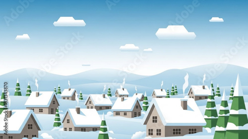 Cozy winter village scene with snowcovered houses and evergreen trees under a bright blue sky, depicting a peaceful holiday landscape illustration