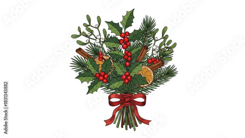 Hand drawn illustration of a festive christmas bouquet featuring holly, fir branch, mistletoe, cinnamon stick, and dried orange slice tied with a red ribbon