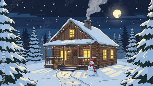 Cozy wooden log cabin nestled in a snowy winter forest at night, illuminated by warm lights and a bright full moon, with a snowman outside