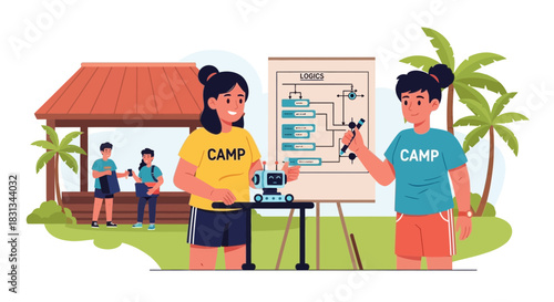 Enthusiastic teens learning about robotics and coding at a summer camp workshop