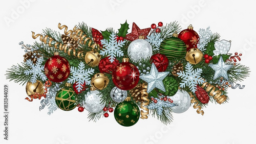 Festive christmas garland decoration with shiny red, green, and white baubles, golden bells, pine cones, and snowflake ornaments