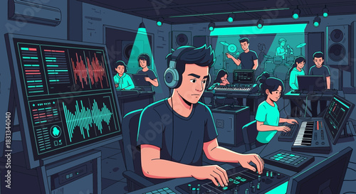 Creative collaborative environment within a music recording studio session in progress