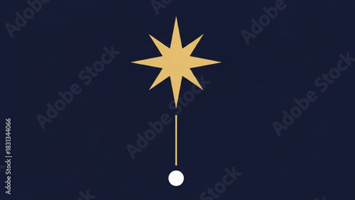 Minimalist golden eightpointed star with a descending line leading to a small white circle, symbolizing a guiding light or celestial navigation symbol against a dark blue background