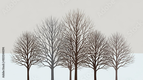 Minimalist vector illustration of five bare deciduous trees standing closely together against a muted twotone background, suggesting winter or late autumn landscape