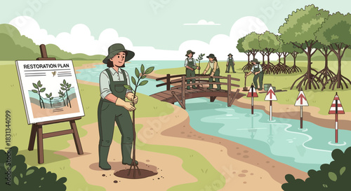 Mangrove restoration project shows ecosystem rehabilitation and planting trees