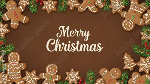 Merry christmas greeting card design featuring a festive border made of gingerbread cookies, snowflakes, and evergreen branches on a brown background with text in the center