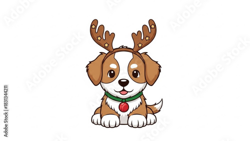 Cute cartoon puppy dog wearing reindeer antlers and a festive collar with a red ornament, for holiday illustration