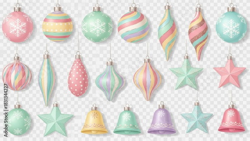 Collection of assorted pastel colored christmas tree ornaments including round baubles, teardrop shapes, bells, and stars hanging against a transparent background