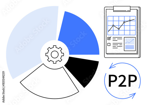 Pie chart with gear highlighting process automation, clipboard showing analytics progress, P2P arrows symbolizing peer-to-peer strategy. Ideal for business growth, finance, processes, planning