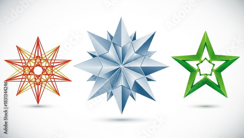 Collection of three distinct star shapes in geometric, 3d crystal, and layered outline styles