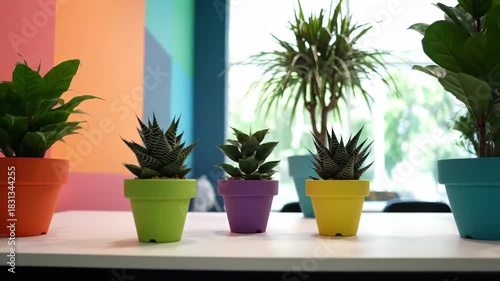 Assorted green potted plants indoors vibrant colorful pots office decor