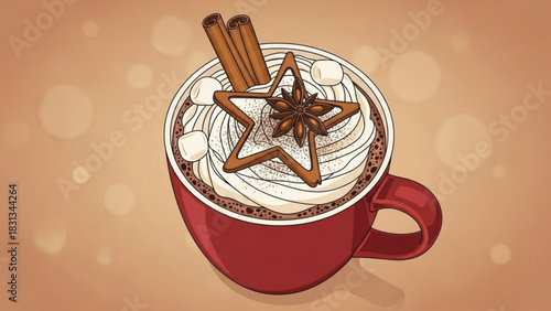 Cozy illustration of a festive hot chocolate in a red mug, topped with whipped cream, marshmallows, a starshaped cookie, cinnamon sticks, and star anise, perfect for winter holidays