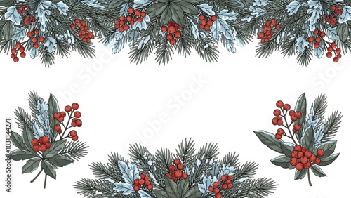 Watercolor illustration of winter holiday border frame with fir branch, pine needle, and red berry cluster