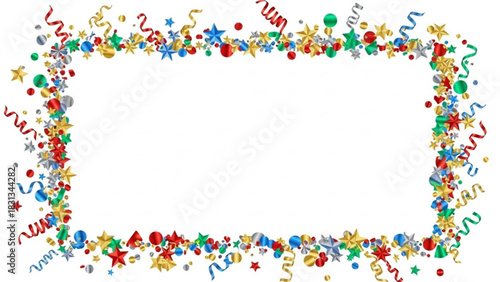 Colorful festive border frame made of confetti, streamers, stars, and baubles for holiday celebration announcement or greeting card design