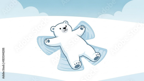 Cute cartoon polar bear making a snow angel lying down on white snow in a winter landscape illustration