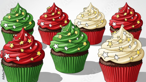 Group of six festive christmas cupcakes with red, green, and white frosting decorated with small star sprinkles, perfect for holiday celebration