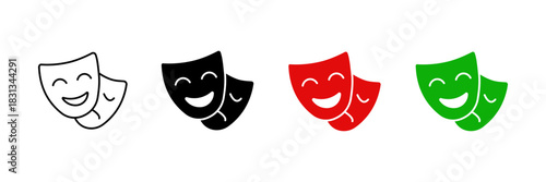 Set of theatre masks icons with transparent background, depicting comedy and tragedy symbols for performing arts, drama, and entertainment, vector illustration
