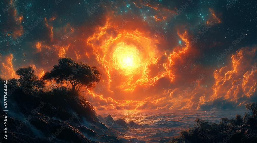 Fototapeta premium 霧と光に包まれた空想の村と金色の夕日が照らす絶景｜幻想建築と自然が織りなす夢の情景｜霧の村、幻想住宅、光と影、ファンタジー世界、夕日の魔法