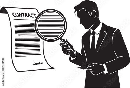 Silhouette of businessman examining contract document with magnifying glass