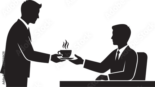 Silhouette of businessman serving hot coffee to colleague at desk