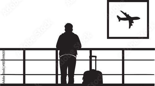 Silhouette of traveler with suitcase looking at airplane sign