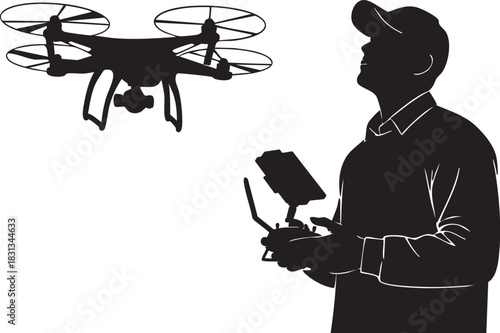 Silhouette of man operating quadcopter drone with remote controller