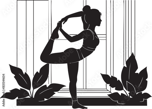 Silhouette of woman doing lord of the dance yoga pose indoors