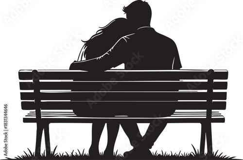 Silhouette of a couple sitting closely on a park bench outdoors