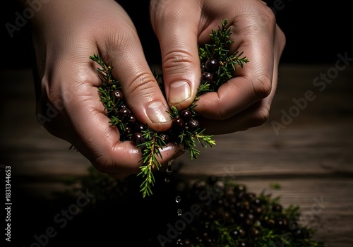 Freshly Picked Juniper Berries Held Delicately in Human Hands Ready for Culinary or Medicinal Use on Rustic Wood Surface