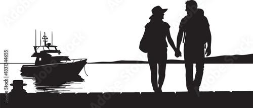 Silhouette of couple holding hand walking on dock near boat