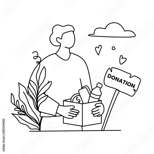 Person Offering Donations with Sign, Hearts, and Plant in Simple Black and White Illustration.