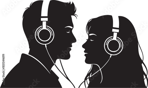 Silhouette of couple listening to music together with headphone