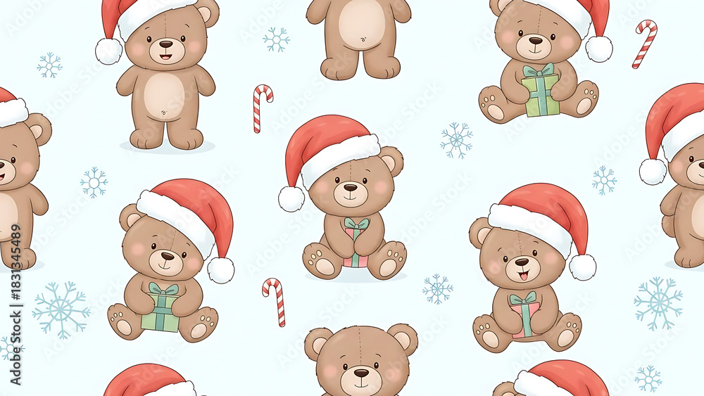 Fototapeta premium Christmas bears wearing Santa hats and holding gifts.