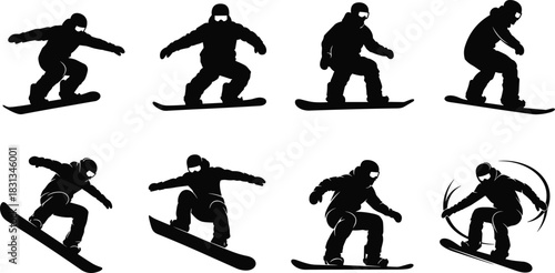 Action sports snowboarder silhouettes collection, young athletes performing various extreme winter tricks, isolated riders in black vector poses, perfect for winter resort, travel, and adventure graph