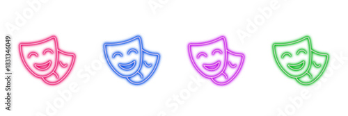 Neon glowing theatrical masks vector icons set, comedy tragedy, drama, stage, acting, performance, vibrant colorful digital design illustration on transparent background.
