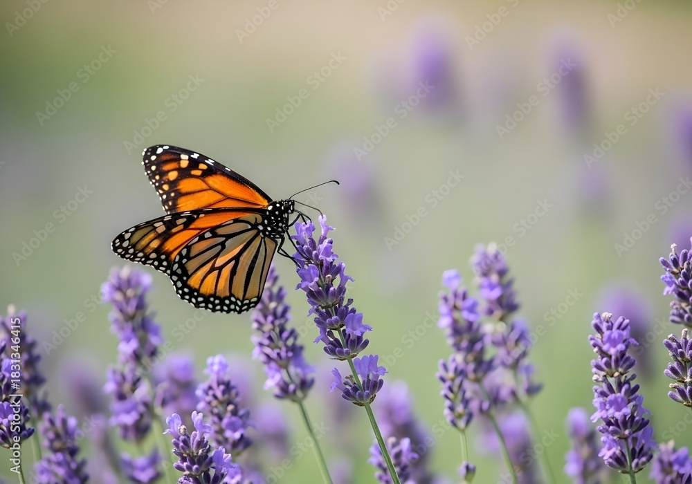 Obraz premium Monarch Butterfly Sipping Nectar from Lavender Flowers in a Summer Garden a Scene of Pollination and Natural Beauty Perfect for Environmental and Nature Themed Projects