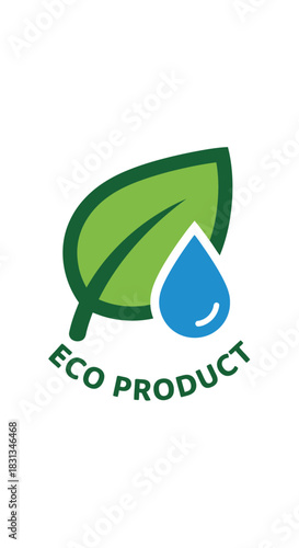 Eco-friendly product logo featuring a green leaf and a blue water droplet, promoting sustainability.