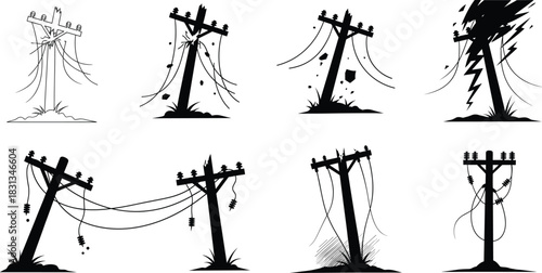 Damaged utility poles with broken wires, black and white vector illustration, infrastructure failure, safety hazard, electric grid collapse, engineering concept