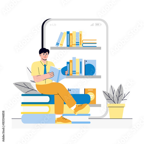 Young boy Online reading Illustration