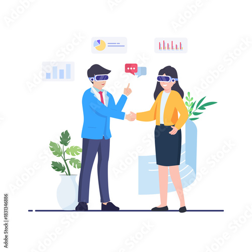 Business professionals shaking hands wearing virtual reality headsets in a digital workspace.