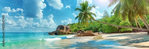 Tropical beach with palm trees and turquoise water in ocean panoramic video. Paradise island on a sunny day. Trip, travel and vacation theme