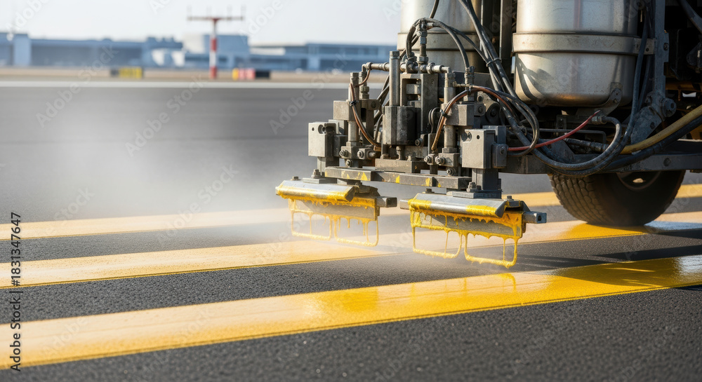 Fototapeta premium Fresh yellow runway markings being painted on asphalt surface with industrial striping machine emphasizing safety maintenance and precise airport ground infrastructure