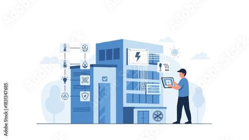 Flat vector scene of a smart automated building