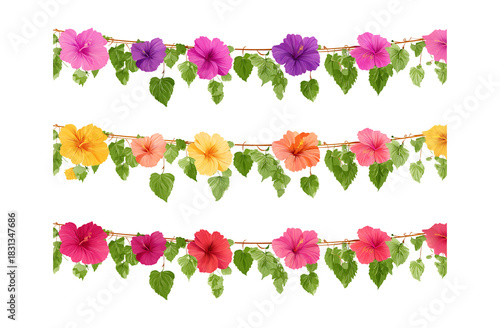 Colorful Tropical Hibiscus Flower Garland Borders on Transparent Background Vector Illustration