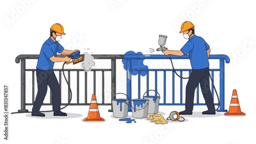 Flat illustration of workers repainting metal railings in a public area
