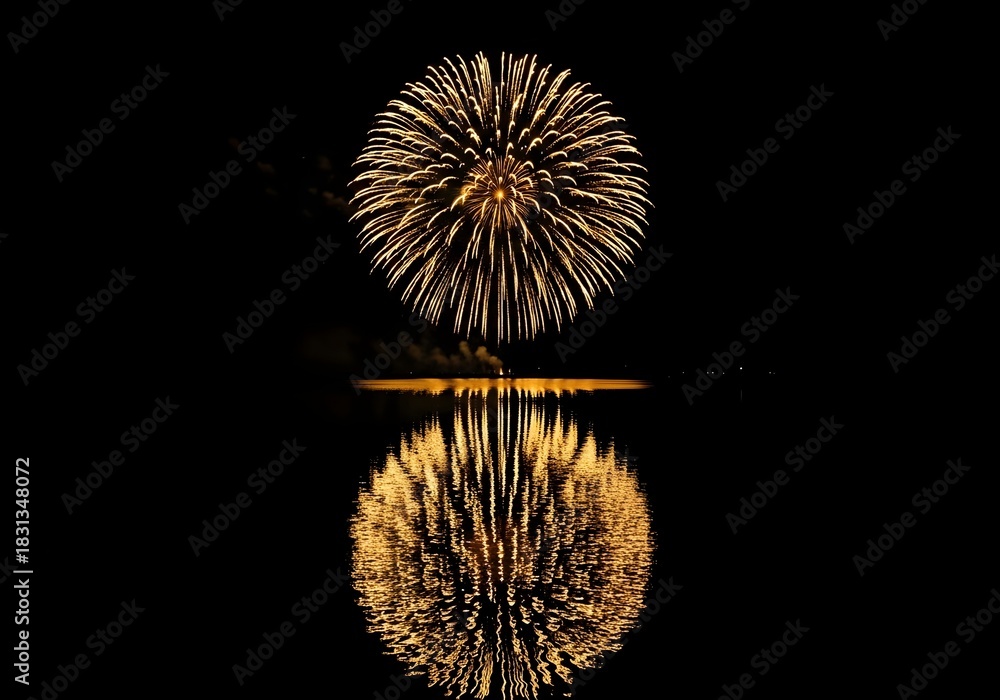 Fototapeta premium Spectacular Golden Fireworks Display Reflected in Still Water on a Dark Night Creating a Festive and Celebratory Atmosphere with Bright Lights and Vibrant Colors