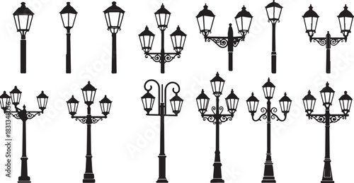 Assortment of Vintage Street Lamp Silhouettes with Multiple Lanterns on White Background