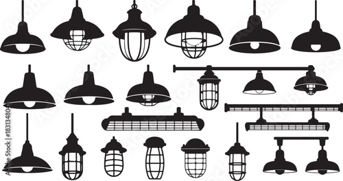 Assortment of Industrial and Vintage Pendant Light Silhouettes in Black lamp