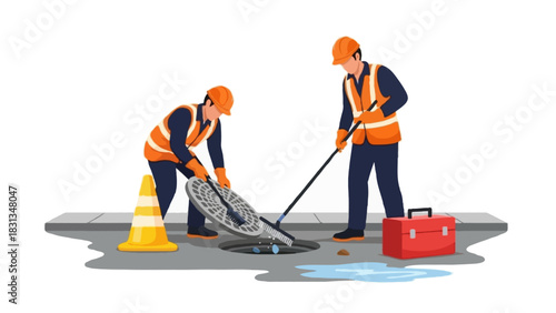Flat vector scene of public works employees cleaning a street drainage system
